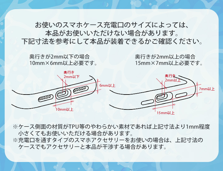 お使いのスマホケース充電口のサイズによっては、本品がお使いいただけない場合がありますので下記寸法を参考にしてご確認ください