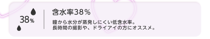 含水率38%　瞳から水分が蒸発しにくい低含水率。長時間の撮影やドライアイの方にオススメ